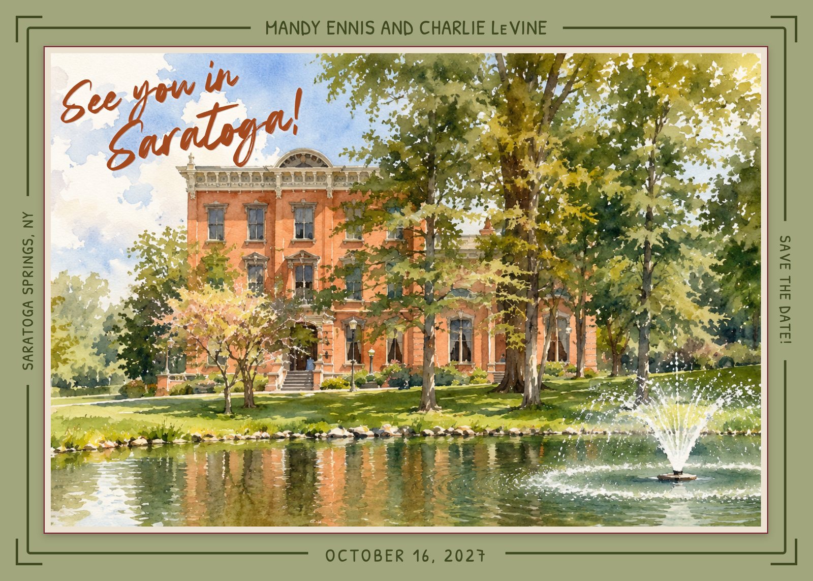 Save the date: Mandy Ennis and Charlie LeVine, October 16, 2027, Saratoga Springs, New York